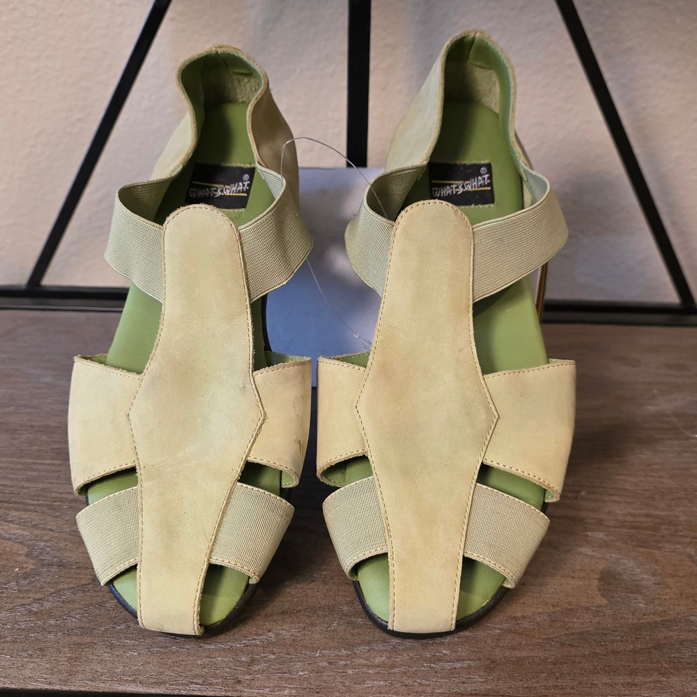Whats What Lyle Women 9.5M Green Leather Caged Elastic Flat Sandals Vintage Sage